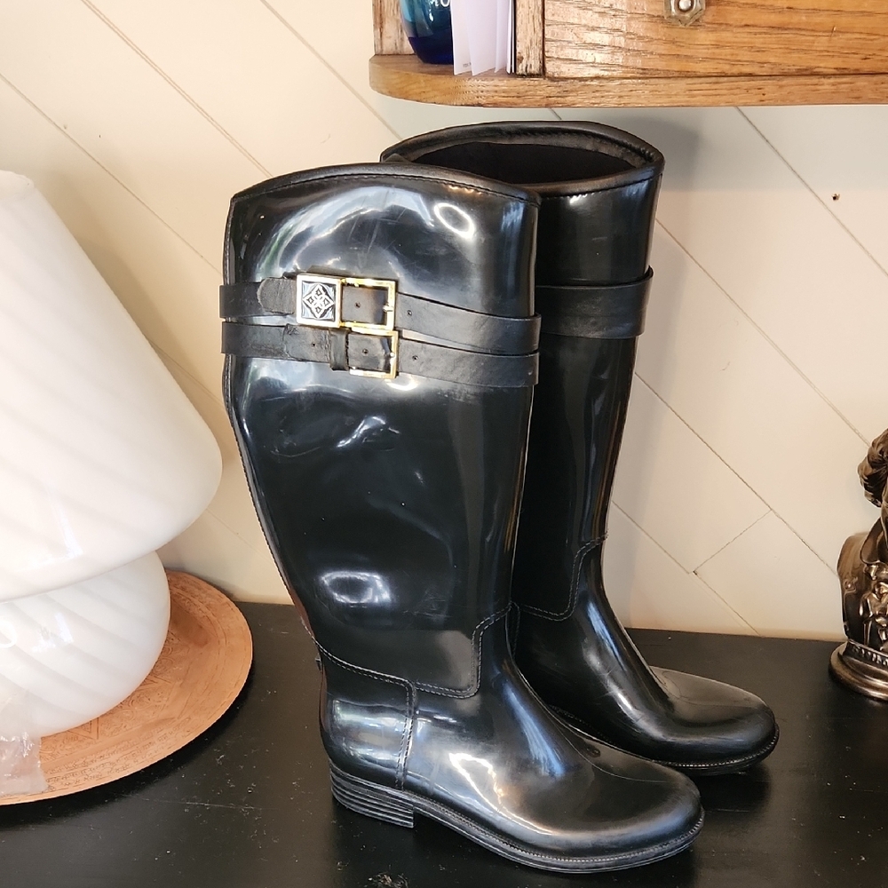 DAV Black Tall Lined Rain Boots with Buckle Detail Size 8